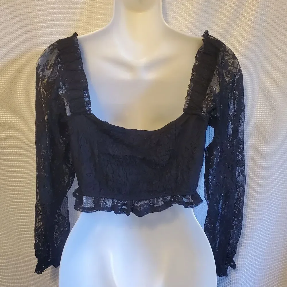 Womens Cropped Corset Puff Sleeve Blouse Sz M Black Lace Witchy Goblin Gothic